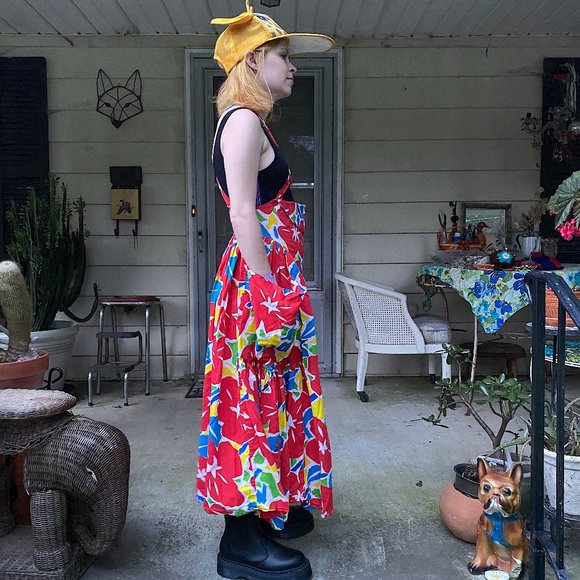 Vintage 1980s Supercraft Made in India Floral Cotton Overalls Dress High Waist - Picture 2 of 10